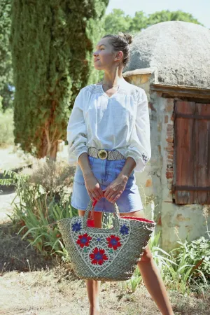 Molly Bracken Basket Embroidered Straw Bag