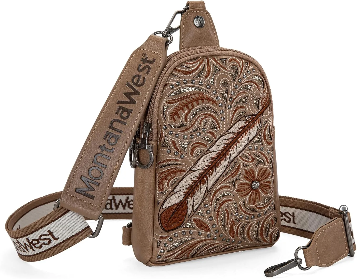 Montana West Frontier Flora Collection Western Sling Bag Rivet Embroidery Fanny Packs Crossbody Bags for Women with Wide Guitar Strap