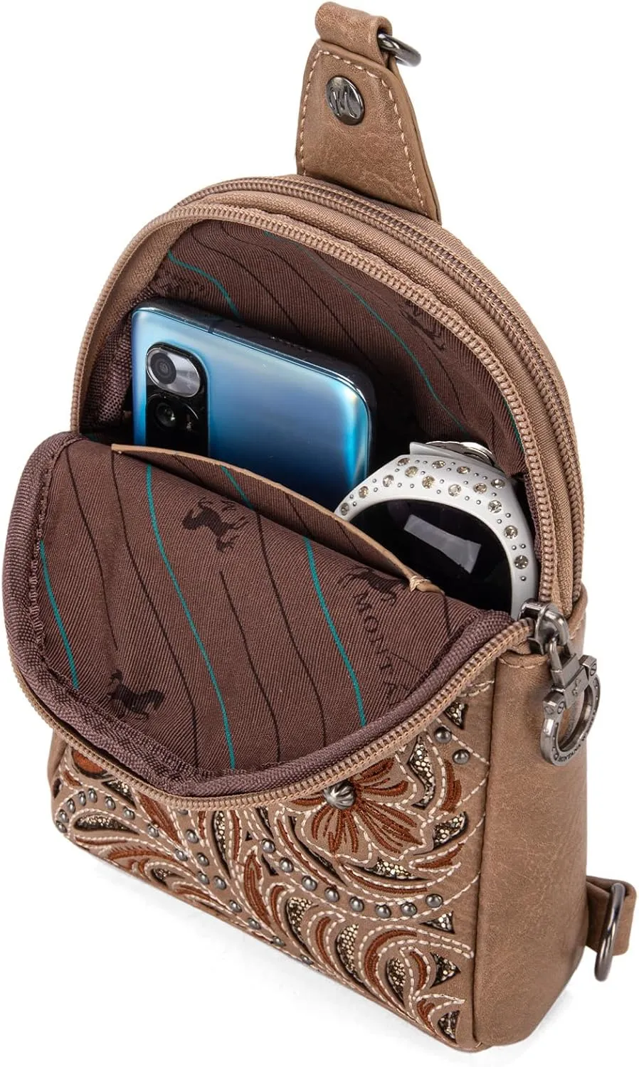 Montana West Frontier Flora Collection Western Sling Bag Rivet Embroidery Fanny Packs Crossbody Bags for Women with Wide Guitar Strap