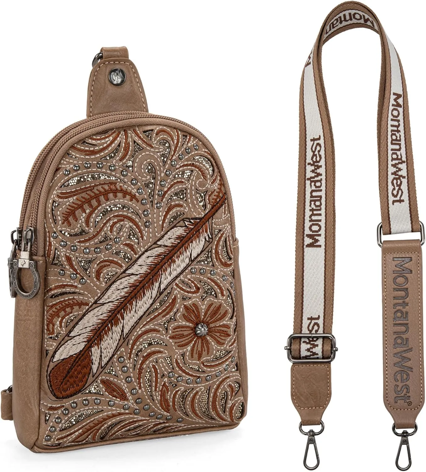 Montana West Frontier Flora Collection Western Sling Bag Rivet Embroidery Fanny Packs Crossbody Bags for Women with Wide Guitar Strap