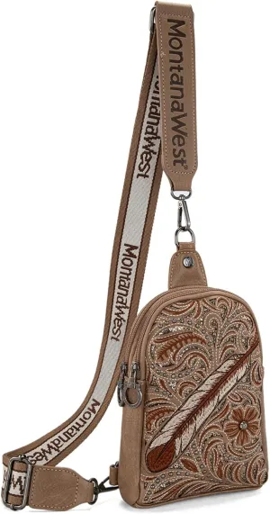 Montana West Frontier Flora Collection Western Sling Bag Rivet Embroidery Fanny Packs Crossbody Bags for Women with Wide Guitar Strap