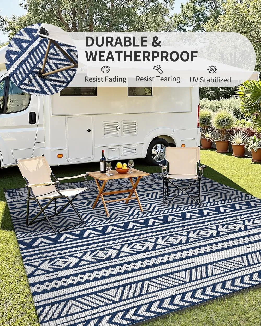 MontVoo-Outdoor Rug Carpet Waterproof 5x8 ft Reversible Patio Rug RV Camping Rug-Plastic Straw Rug Outside Indoor Outdoor Area Rug for Patio Deck Balcony Picnic Beach Outdoor Decor Boho Navy Blue