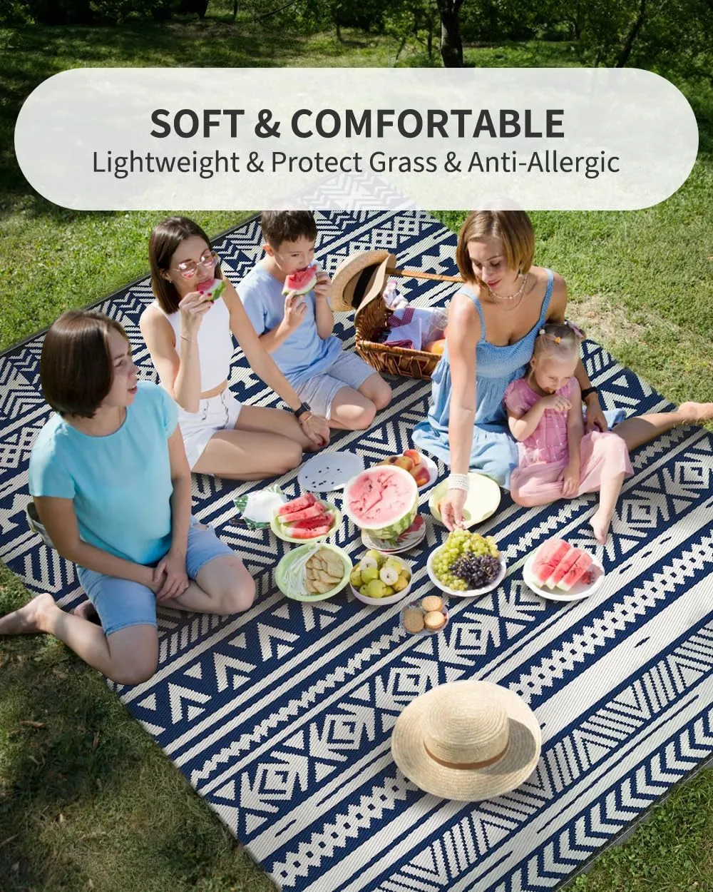 MontVoo-Outdoor Rug Carpet Waterproof 5x8 ft Reversible Patio Rug RV Camping Rug-Plastic Straw Rug Outside Indoor Outdoor Area Rug for Patio Deck Balcony Picnic Beach Outdoor Decor Boho Navy Blue