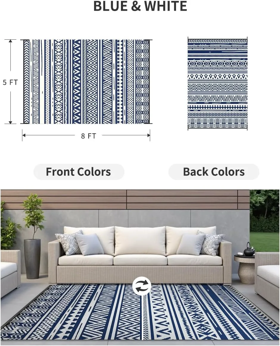 MontVoo-Outdoor Rug Carpet Waterproof 5x8 ft Reversible Patio Rug RV Camping Rug-Plastic Straw Rug Outside Indoor Outdoor Area Rug for Patio Deck Balcony Picnic Beach Outdoor Decor Boho Navy Blue