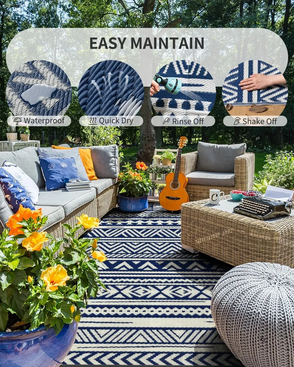 MontVoo-Outdoor Rug Carpet Waterproof 5x8 ft Reversible Patio Rug RV Camping Rug-Plastic Straw Rug Outside Indoor Outdoor Area Rug for Patio Deck Balcony Picnic Beach Outdoor Decor Boho Navy Blue