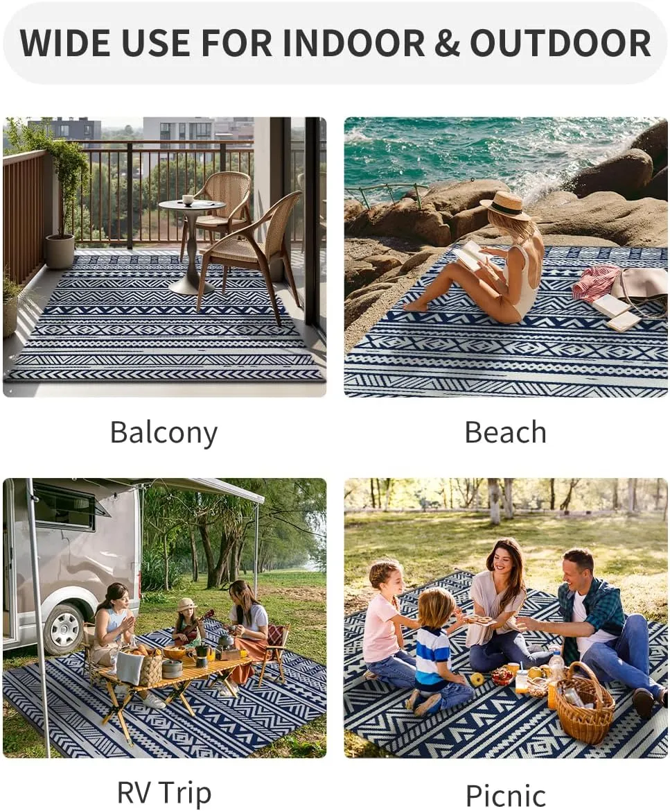 MontVoo-Outdoor Rug Carpet Waterproof 5x8 ft Reversible Patio Rug RV Camping Rug-Plastic Straw Rug Outside Indoor Outdoor Area Rug for Patio Deck Balcony Picnic Beach Outdoor Decor Boho Navy Blue