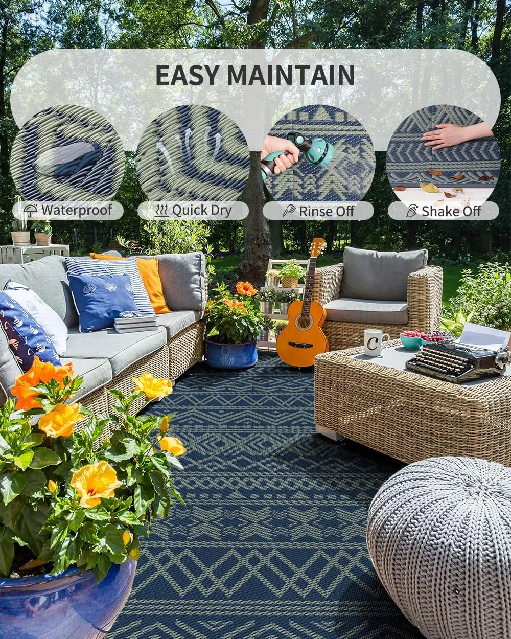 MontVoo Outdoor Rug Carpet Waterproof 5x8 Outdoor Patio Rug Mat Reverisble Plastic Straw Outdoor Rug for RV Camping Picnic Beach Balcony Boho Blue Green