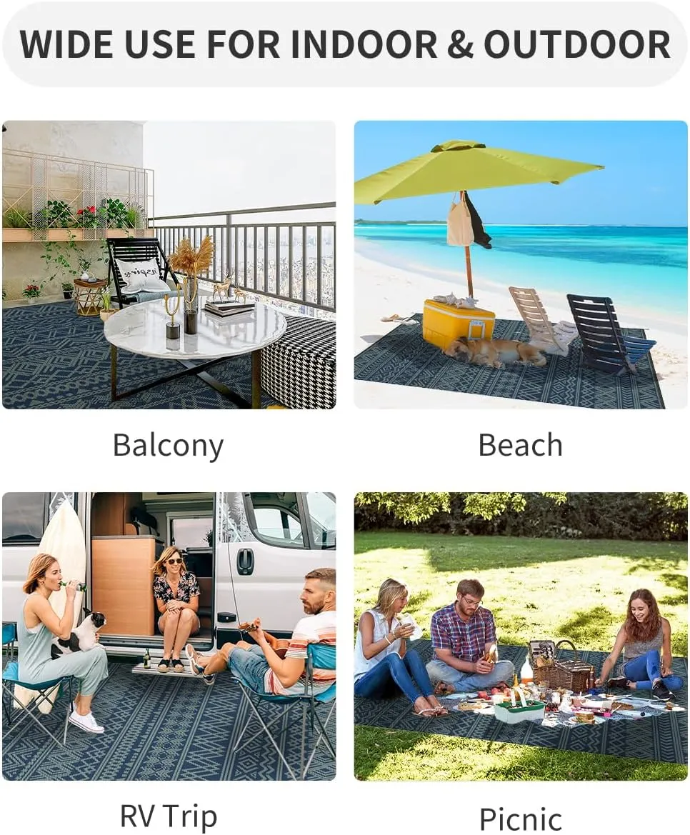 MontVoo Outdoor Rug Carpet Waterproof 5x8 Outdoor Patio Rug Mat Reverisble Plastic Straw Outdoor Rug for RV Camping Picnic Beach Balcony Boho Blue Green