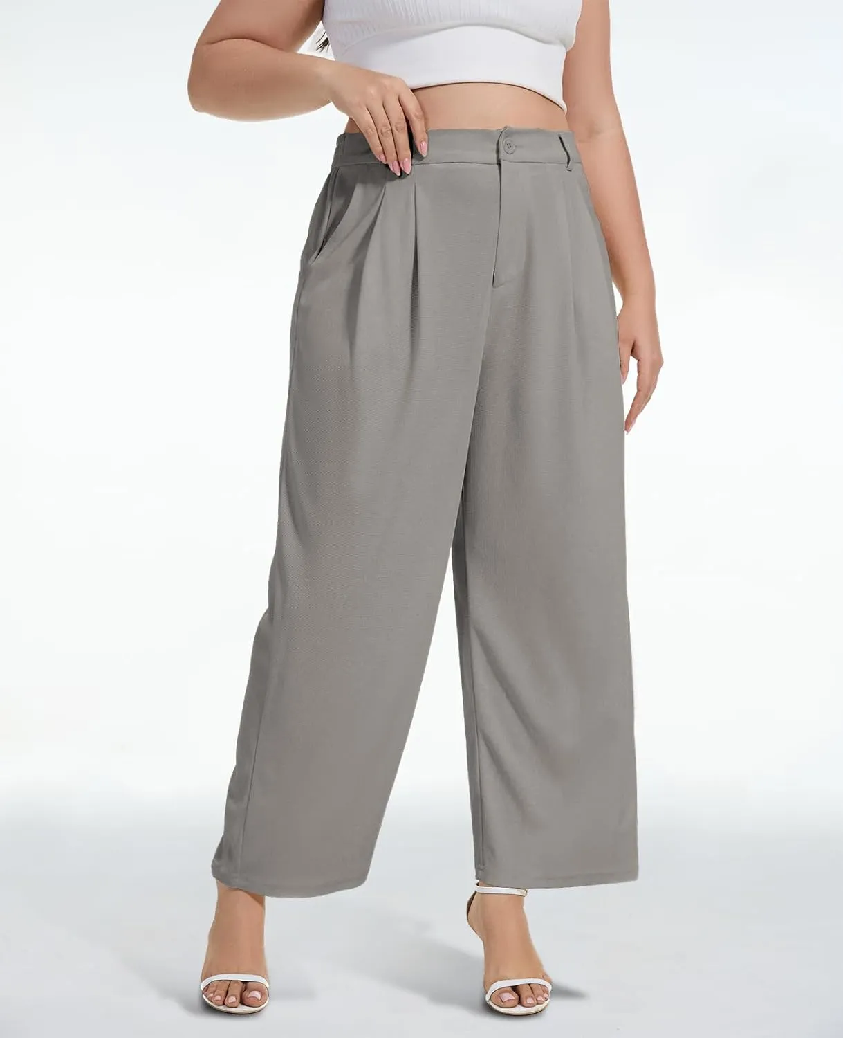 Moon Wood Women's Plus Size Wide Leg Pants High Elastic Waisted Casual Work Pants Office Business Dress Pants with Pockets