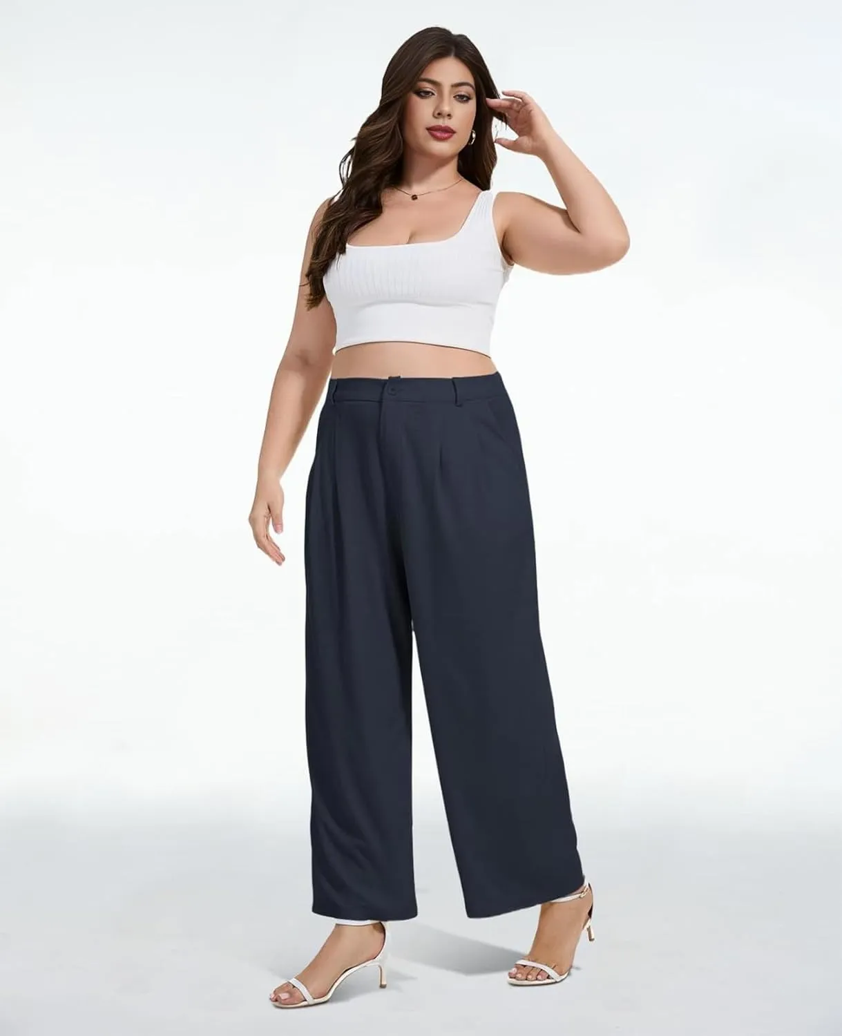 Moon Wood Women's Plus Size Wide Leg Pants High Elastic Waisted Casual Work Pants Office Business Dress Pants with Pockets
