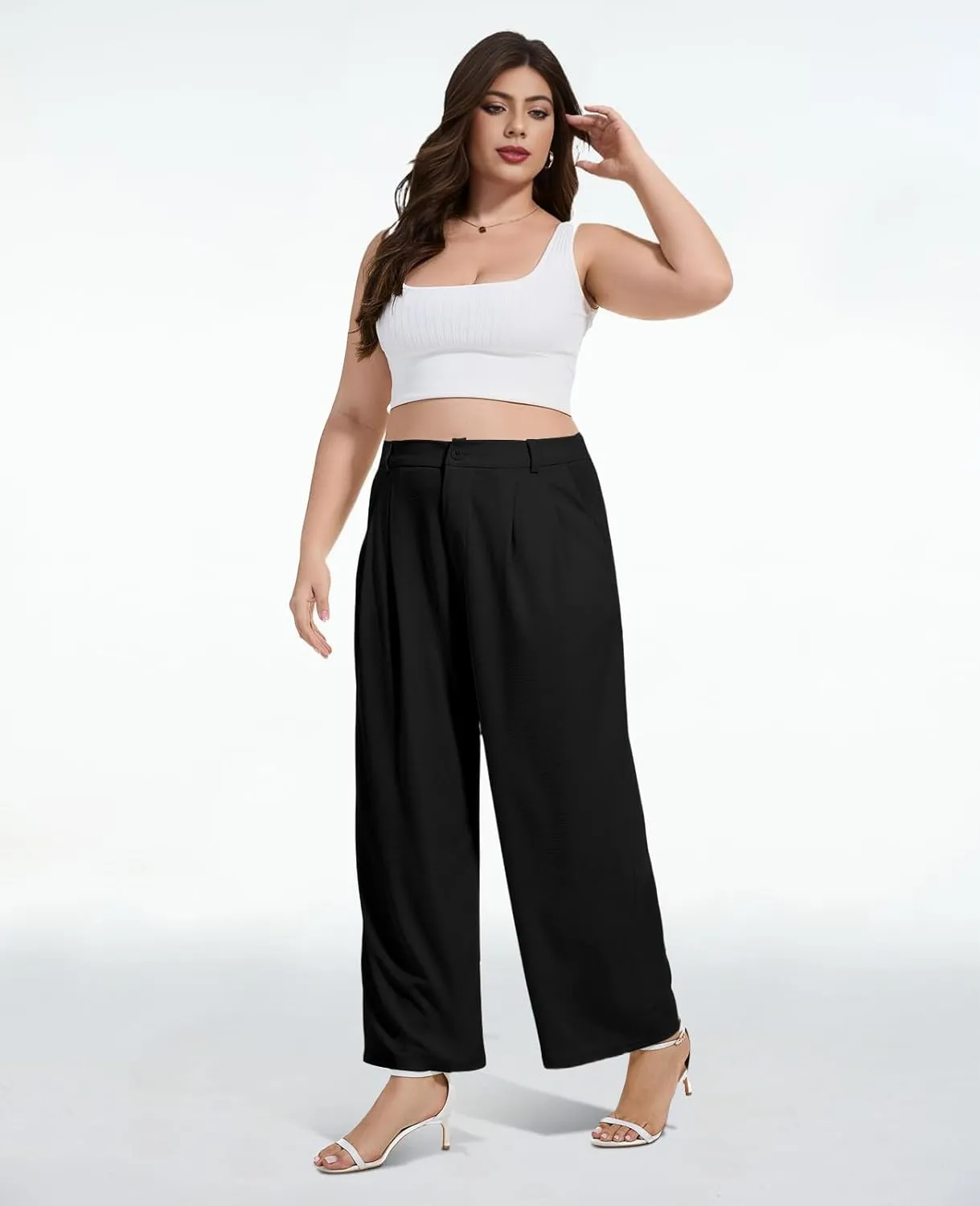 Moon Wood Women's Plus Size Wide Leg Pants High Elastic Waisted Casual Work Pants Office Business Dress Pants with Pockets