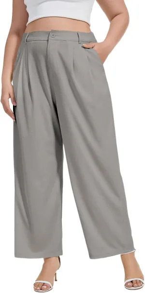 Moon Wood Women's Plus Size Wide Leg Pants High Elastic Waisted Casual Work Pants Office Business Dress Pants with Pockets