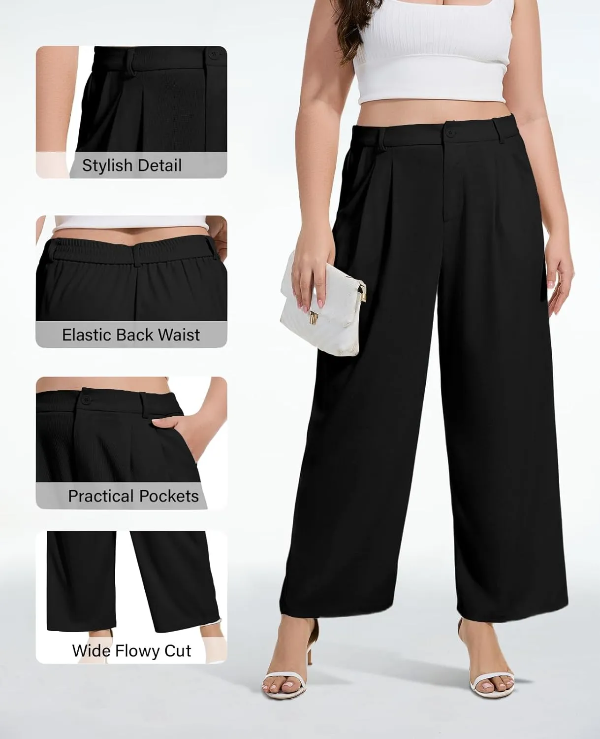 Moon Wood Women's Plus Size Wide Leg Pants High Elastic Waisted Casual Work Pants Office Business Dress Pants with Pockets