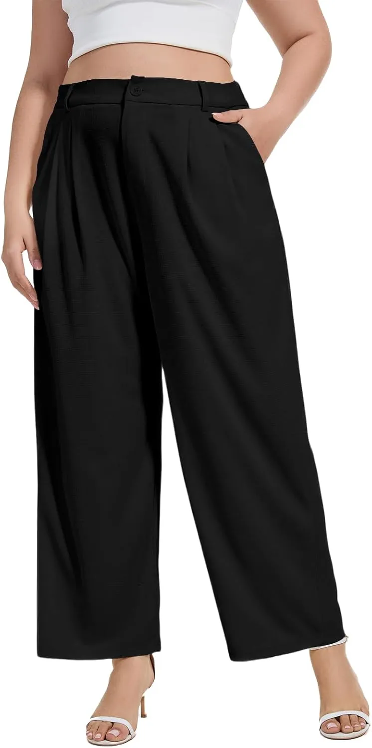 Moon Wood Women's Plus Size Wide Leg Pants High Elastic Waisted Casual Work Pants Office Business Dress Pants with Pockets
