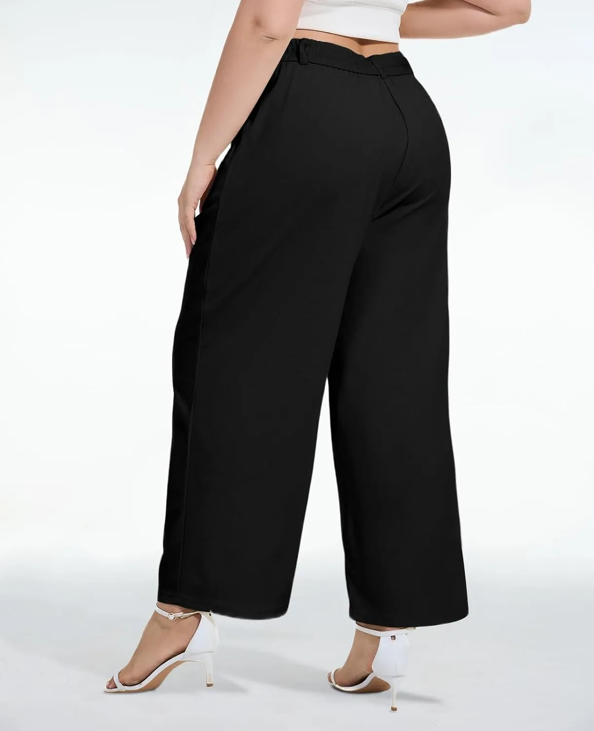 Moon Wood Women's Plus Size Wide Leg Pants High Elastic Waisted Casual Work Pants Office Business Dress Pants with Pockets