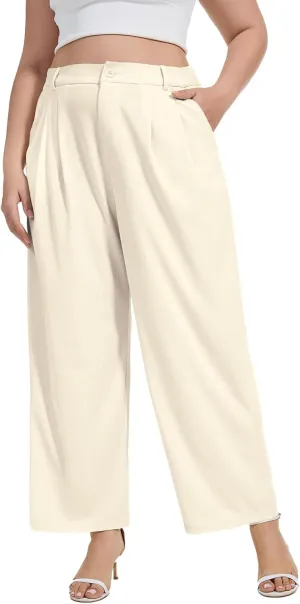 Moon Wood Women's Plus Size Wide Leg Pants High Elastic Waisted Casual Work Pants Office Business Dress Pants with Pockets