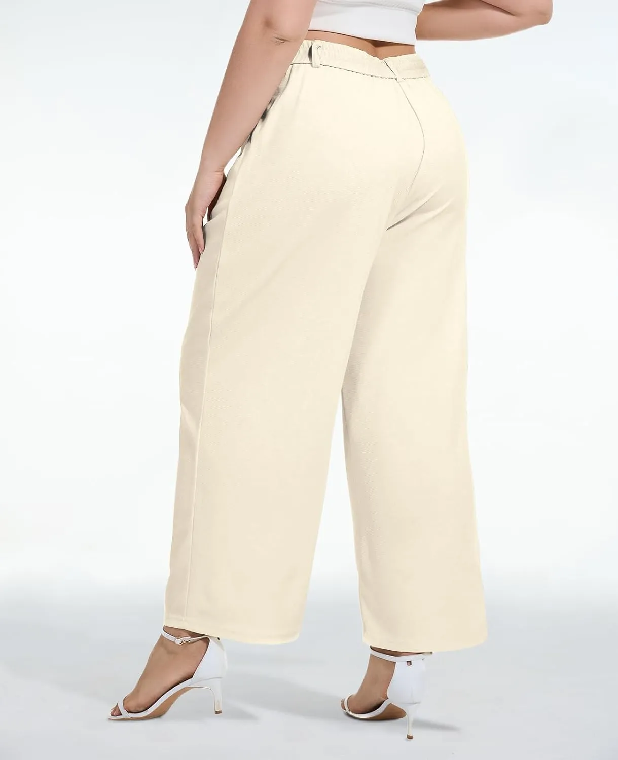 Moon Wood Women's Plus Size Wide Leg Pants High Elastic Waisted Casual Work Pants Office Business Dress Pants with Pockets