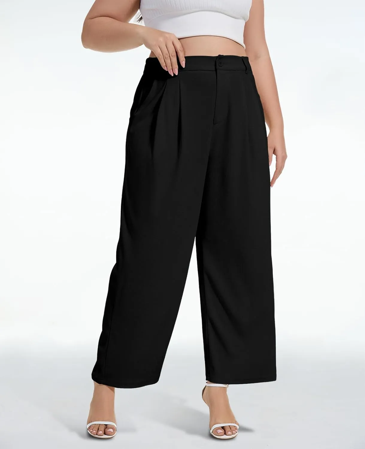 Moon Wood Women's Plus Size Wide Leg Pants High Elastic Waisted Casual Work Pants Office Business Dress Pants with Pockets
