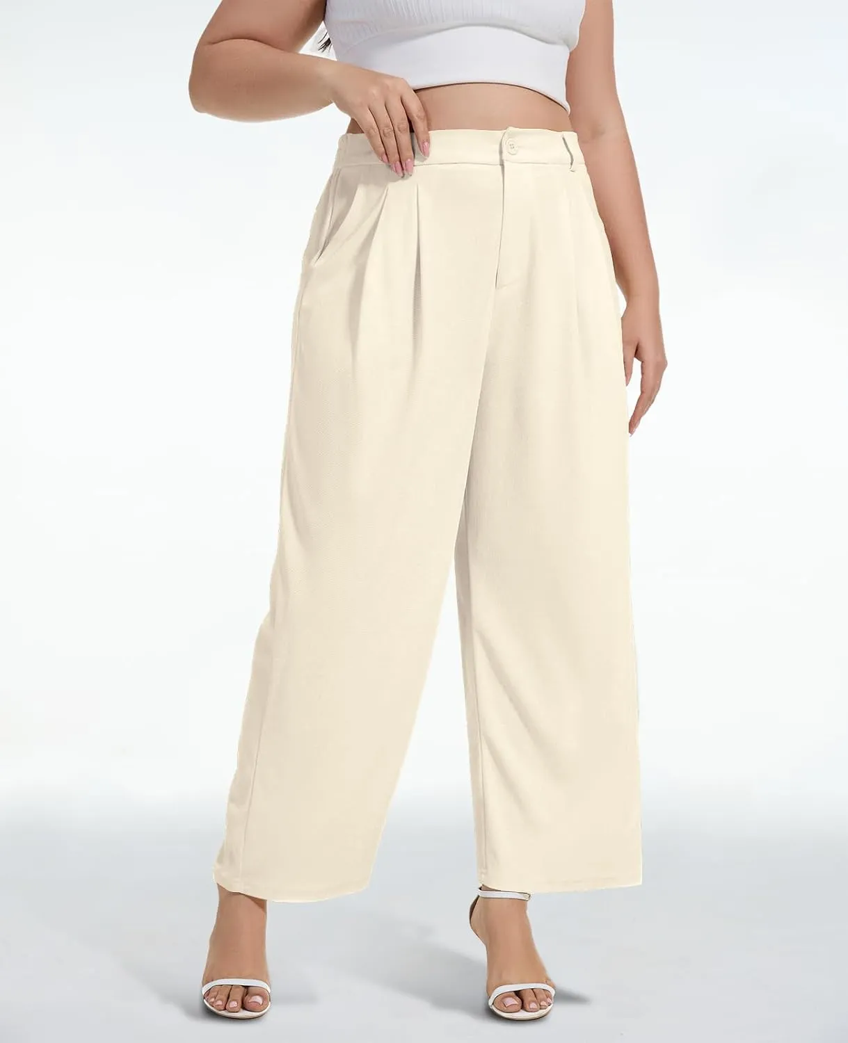 Moon Wood Women's Plus Size Wide Leg Pants High Elastic Waisted Casual Work Pants Office Business Dress Pants with Pockets