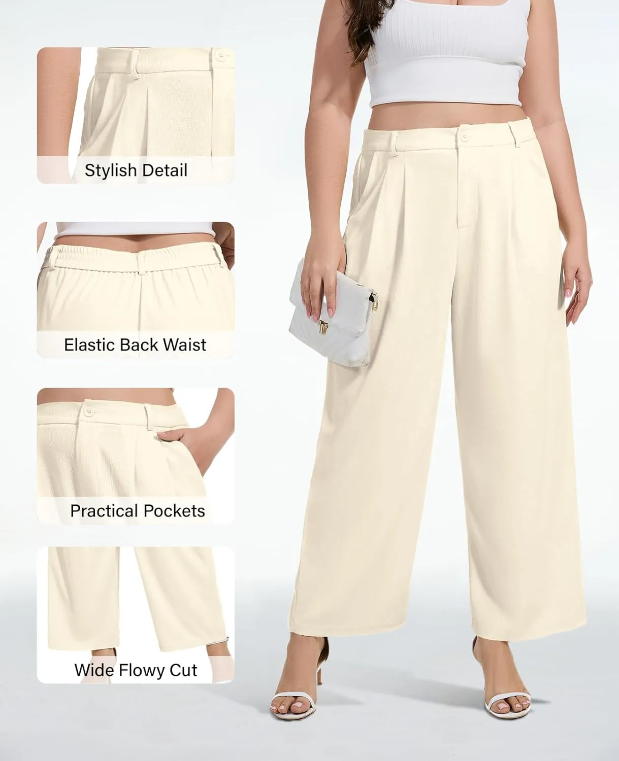 Moon Wood Women's Plus Size Wide Leg Pants High Elastic Waisted Casual Work Pants Office Business Dress Pants with Pockets
