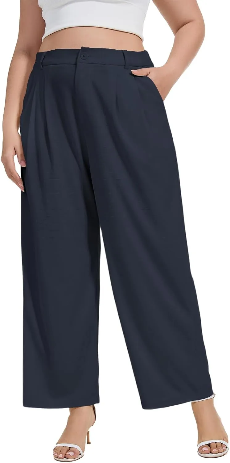 Moon Wood Women's Plus Size Wide Leg Pants High Elastic Waisted Casual Work Pants Office Business Dress Pants with Pockets