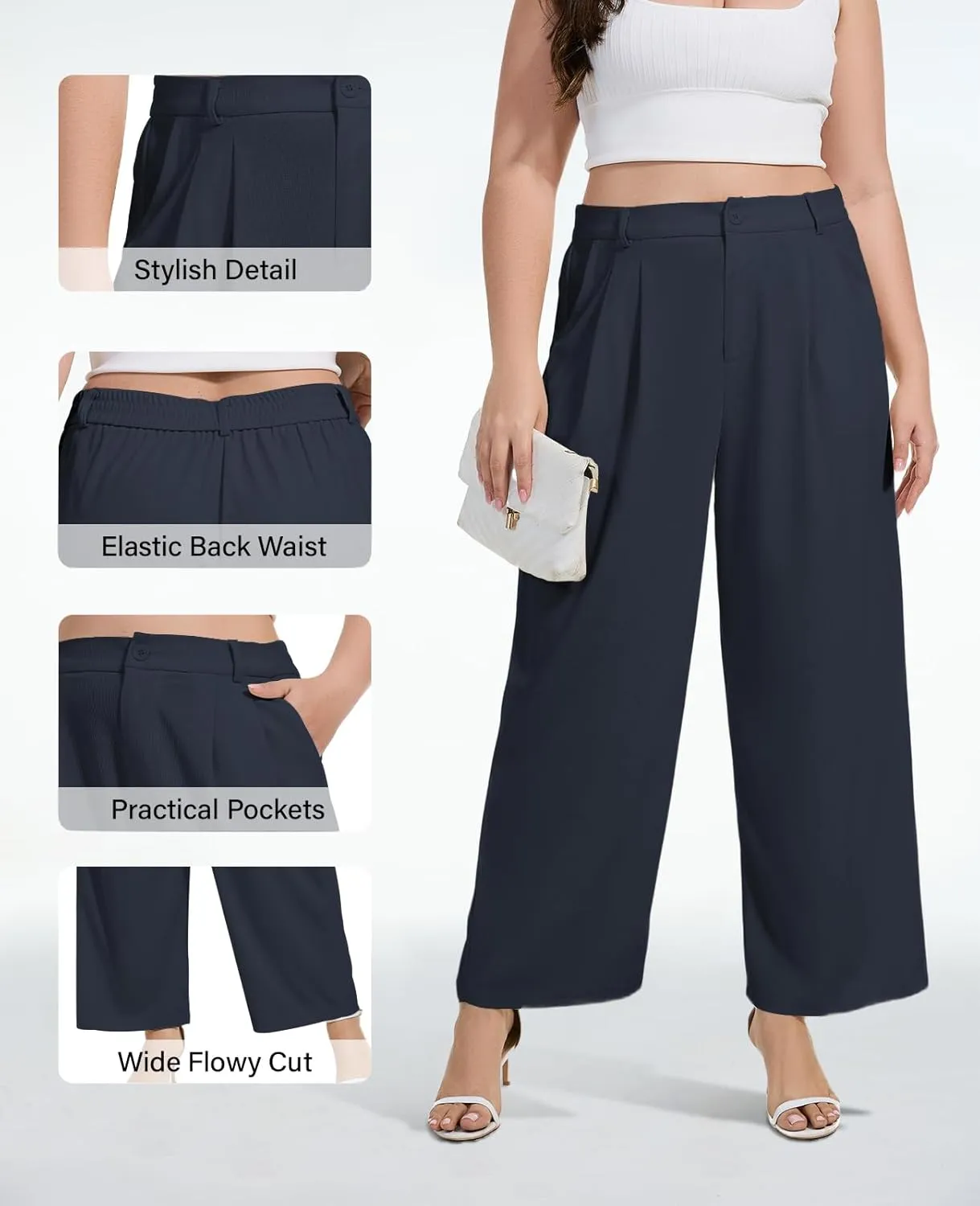 Moon Wood Women's Plus Size Wide Leg Pants High Elastic Waisted Casual Work Pants Office Business Dress Pants with Pockets
