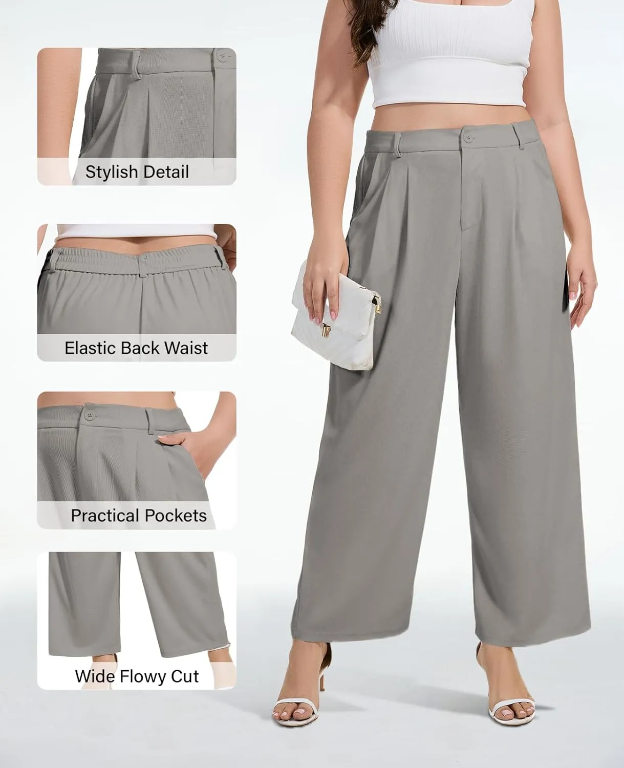 Moon Wood Women's Plus Size Wide Leg Pants High Elastic Waisted Casual Work Pants Office Business Dress Pants with Pockets