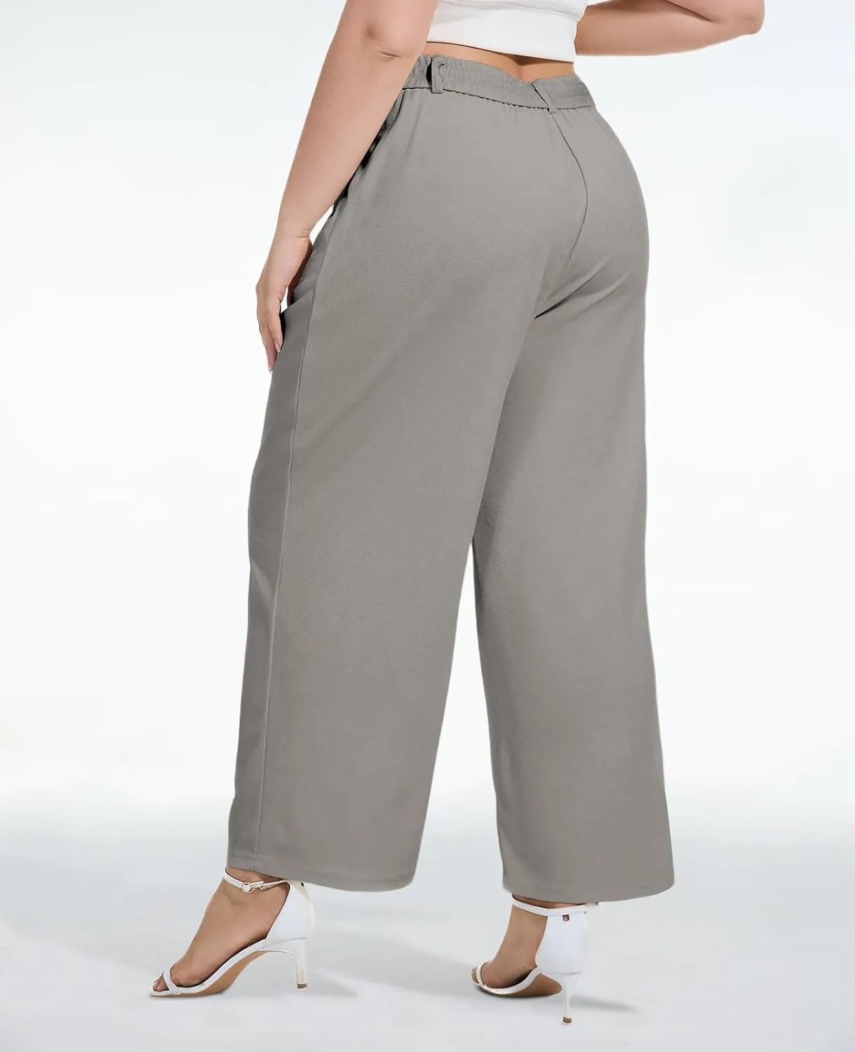 Moon Wood Women's Plus Size Wide Leg Pants High Elastic Waisted Casual Work Pants Office Business Dress Pants with Pockets