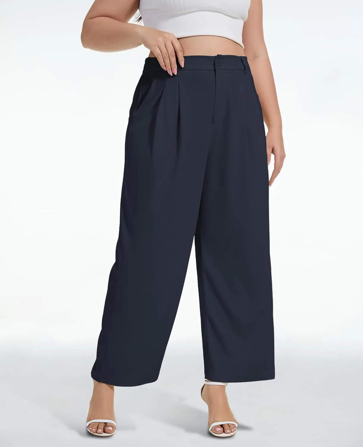 Moon Wood Women's Plus Size Wide Leg Pants High Elastic Waisted Casual Work Pants Office Business Dress Pants with Pockets