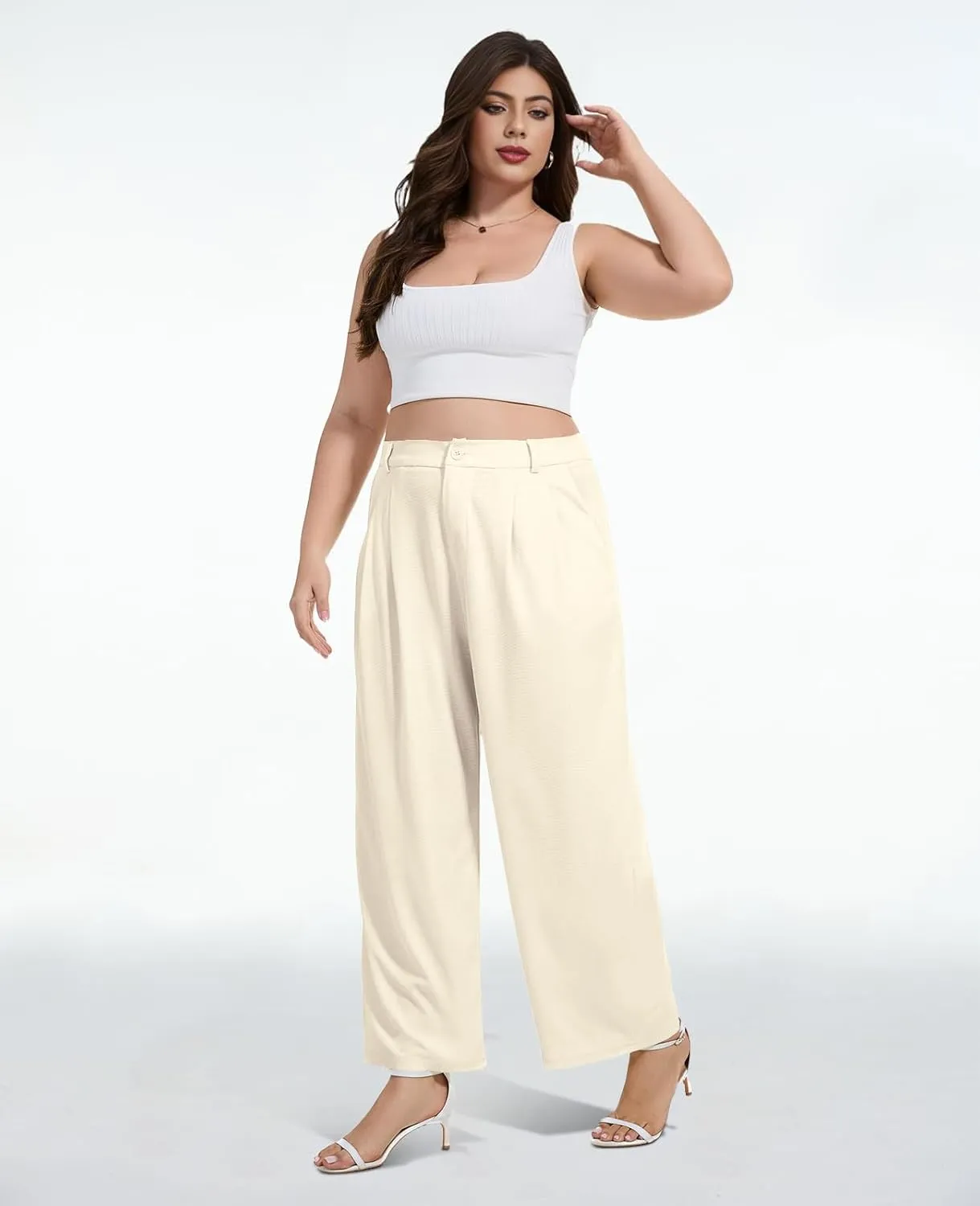 Moon Wood Women's Plus Size Wide Leg Pants High Elastic Waisted Casual Work Pants Office Business Dress Pants with Pockets