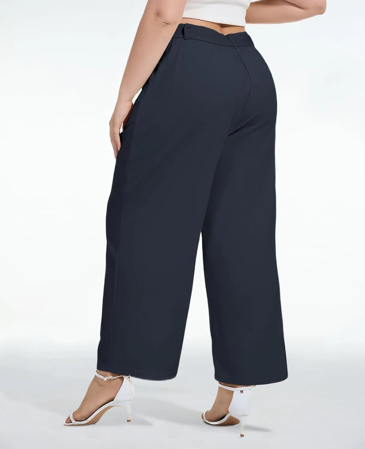 Moon Wood Women's Plus Size Wide Leg Pants High Elastic Waisted Casual Work Pants Office Business Dress Pants with Pockets