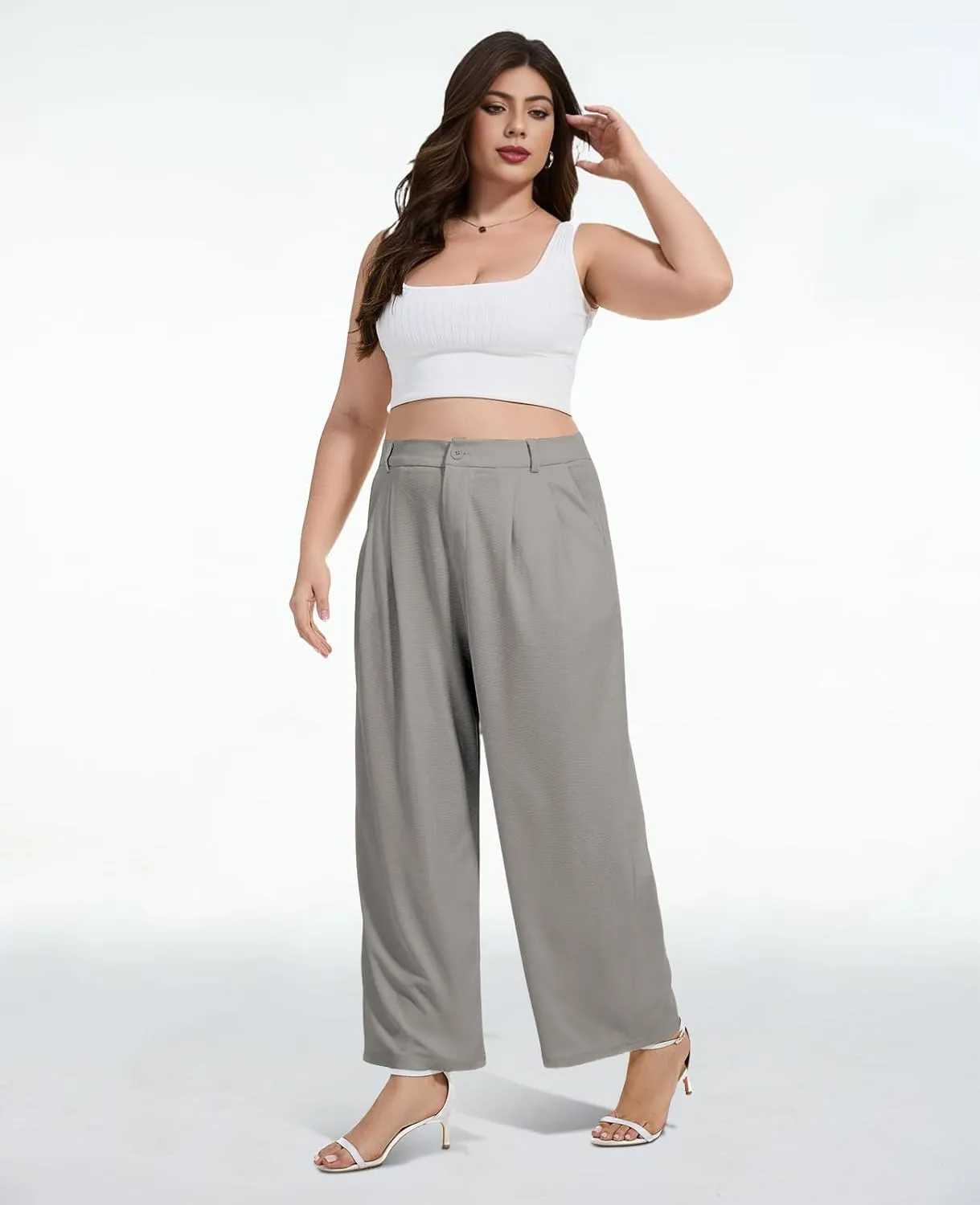 Moon Wood Women's Plus Size Wide Leg Pants High Elastic Waisted Casual Work Pants Office Business Dress Pants with Pockets