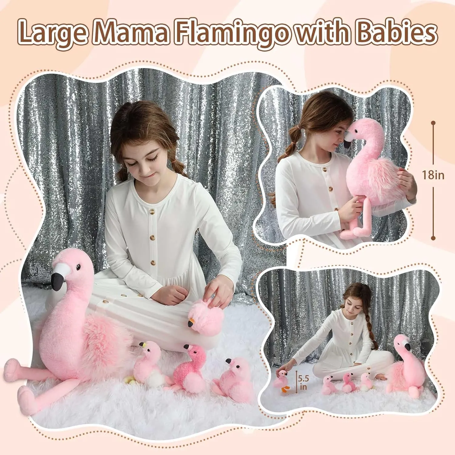 MorisMos Plush Flamingo Stuffed Animals-18in Mommy Stuffed Flamingo with 4 Baby Bird Toys for Girls Boys,Pink Bird Stuffed Animal Gift for Kids Women Birthday Decor Baby Shower Christmas