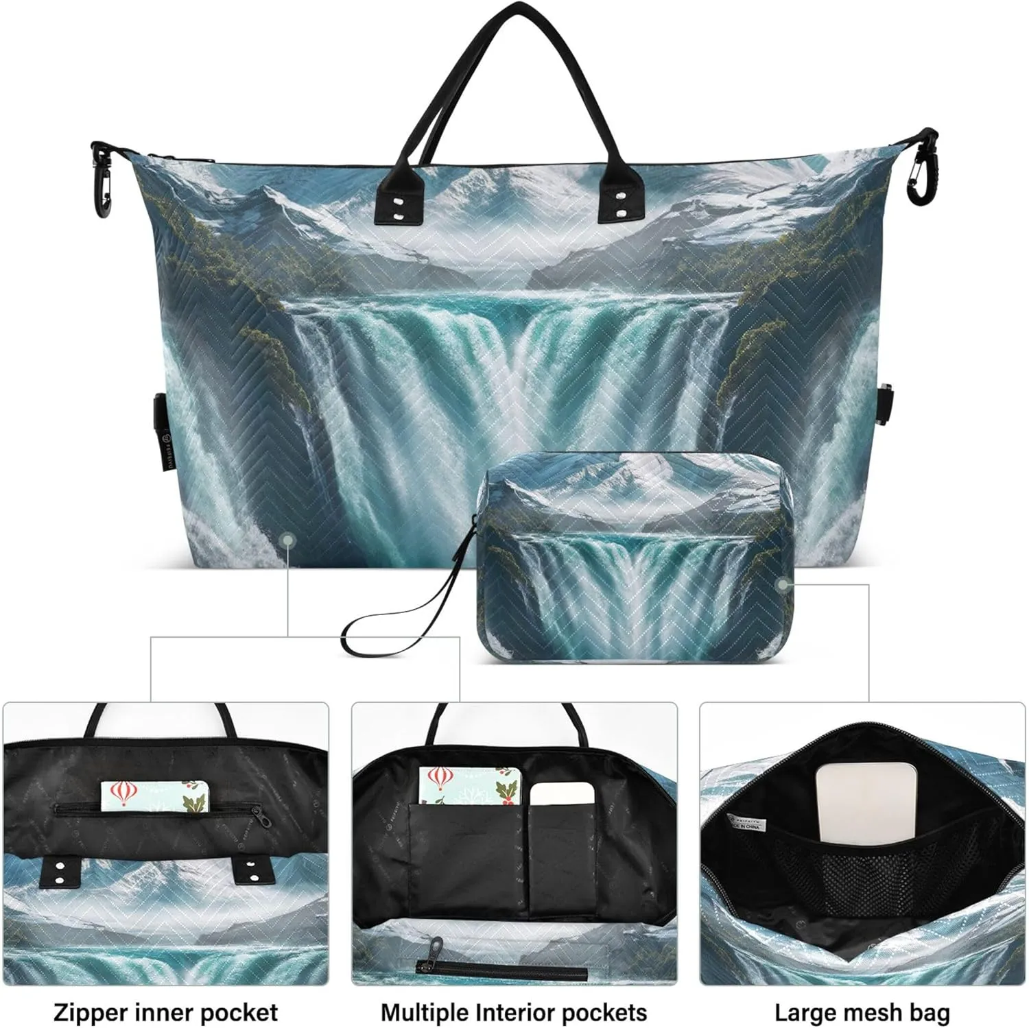 Mountain Landscape Travel Duffel Bags Cosmetic Bag Set of 2, Decorative Womens Sports Dance Bag Overnight Bags