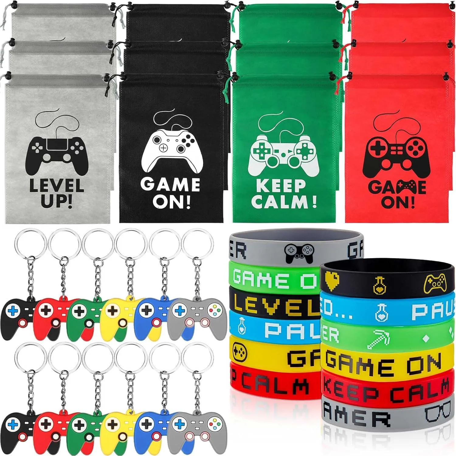 MTLEE 36 Pcs Video Game Party Favors Set Include Gamer Party Favor Bags with Drawstring Silicone Bracelets Wristbands Game Controller Keychains for Christmas Gaming Birthday Party(Cute Style)