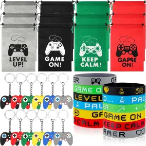 MTLEE 36 Pcs Video Game Party Favors Set Include Gamer Party Favor Bags with Drawstring Silicone Bracelets Wristbands Game Controller Keychains for Christmas Gaming Birthday Party(Cute Style)