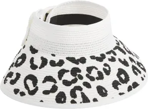 Mud Pie Women's Leopard Bow Roll-up Straw Visor, White, One Size