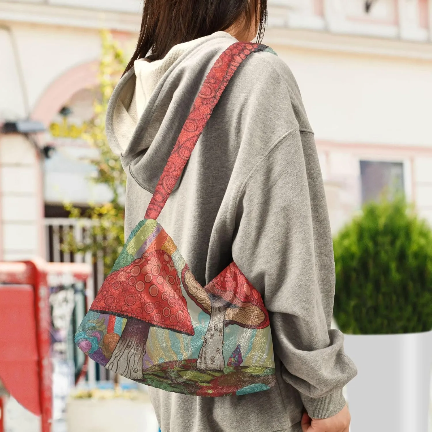 Mushroom Botanical Garden Shoulder Bag, Plush Hand Bag, Zipper Shoulder Bag for Women