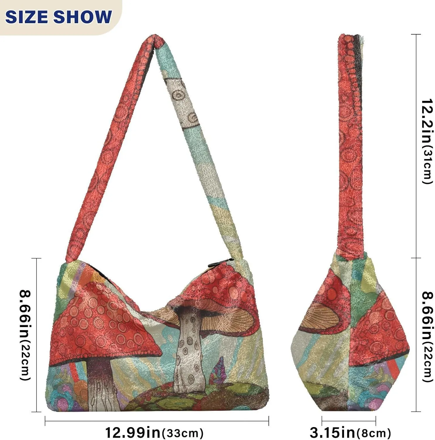 Mushroom Botanical Garden Shoulder Bag, Plush Hand Bag, Zipper Shoulder Bag for Women