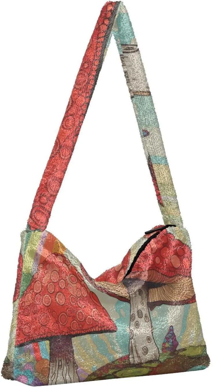 Mushroom Botanical Garden Shoulder Bag, Plush Hand Bag, Zipper Shoulder Bag for Women