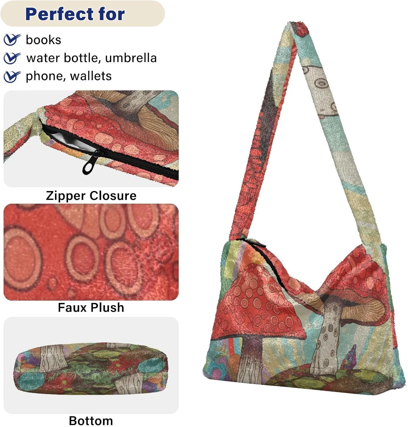 Mushroom Botanical Garden Shoulder Bag, Plush Hand Bag, Zipper Shoulder Bag for Women