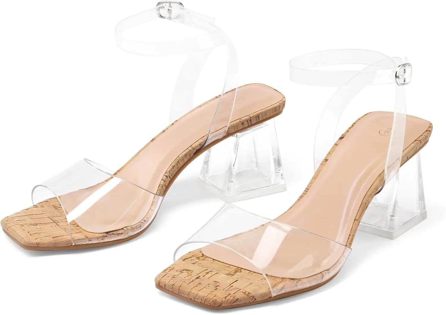 mysoft Women's Clear Heels Low Chunky Heel Open Toe Transparent Zebra Rhinestones Block Heeled Sandals Ankle Strap Shoes