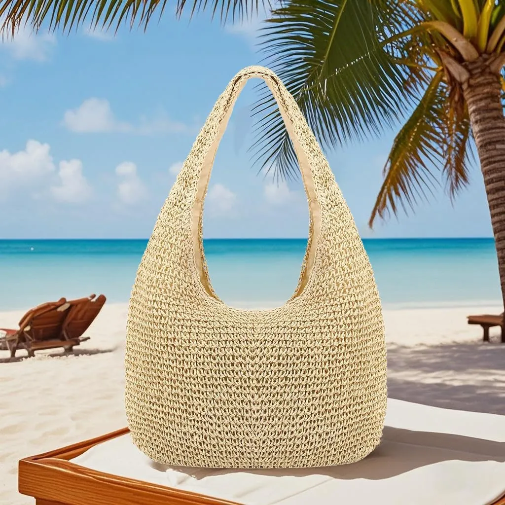 Naimo Women Straw Beach Shoulder Bag Woven Tote Handbag Large Handmade Weaving Summer Casual Hobo Bag