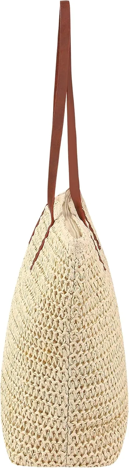 Naimo Women Straw Beach Shoulder Bag Woven Tote Handbag Large Handmade Weaving Summer Casual Hobo Bag