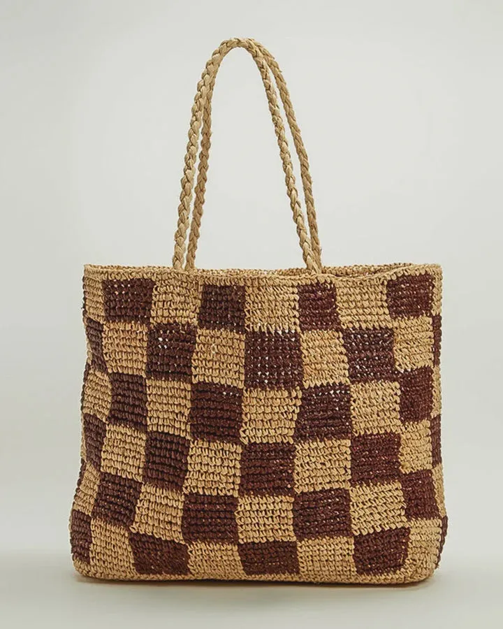 Natural Check Straw Bag Lrg
