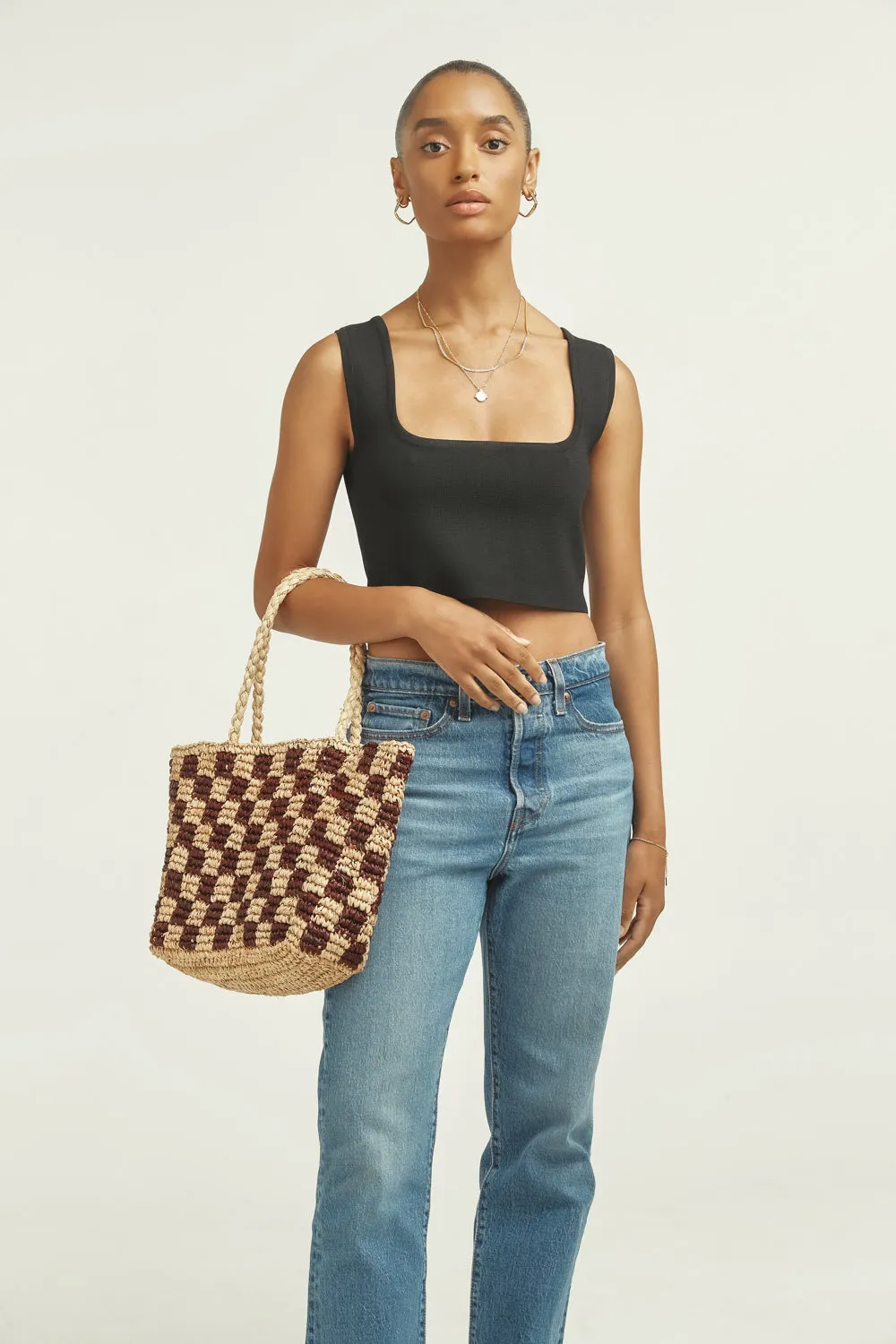 Natural Check Straw Bag Sml