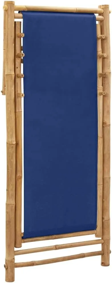 Navy Blue Bamboo Canvas Foldable Deck Chair Adjustable 4-Position Recliner for Outdoor Patio Beach Camping Comfortable Sun Lounger Furniture