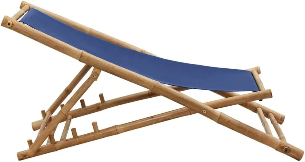 Navy Blue Bamboo Canvas Foldable Deck Chair Adjustable 4-Position Recliner for Outdoor Patio Beach Camping Comfortable Sun Lounger Furniture
