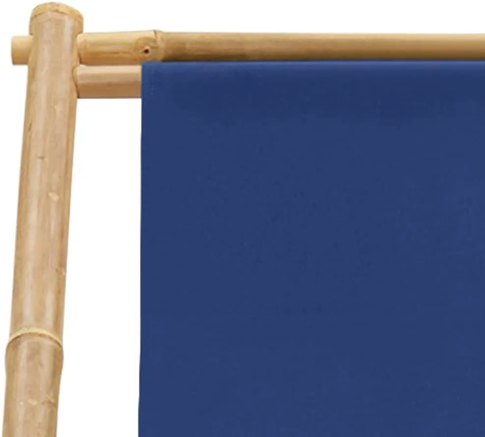 Navy Blue Bamboo Canvas Foldable Deck Chair Adjustable 4-Position Recliner for Outdoor Patio Beach Camping Comfortable Sun Lounger Furniture