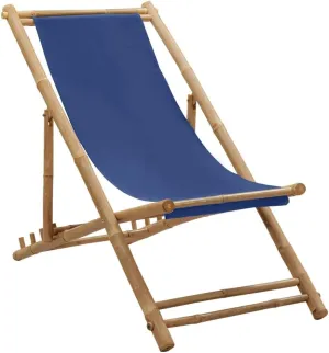 Navy Blue Bamboo Canvas Foldable Deck Chair Adjustable 4-Position Recliner for Outdoor Patio Beach Camping Comfortable Sun Lounger Furniture